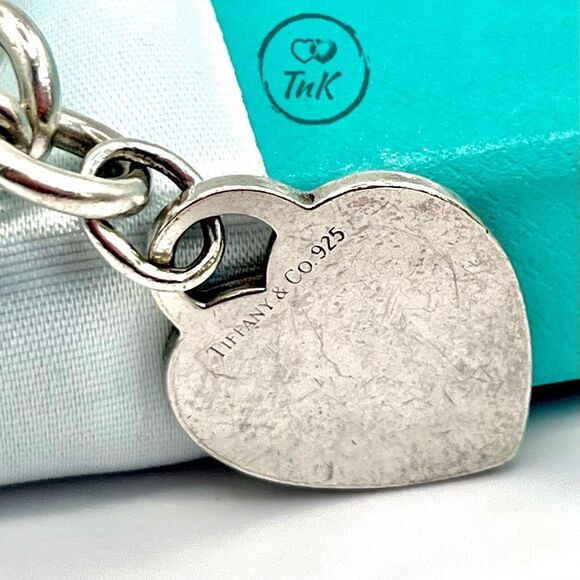Tiffany & Co. Blank Heart Tag Charm Bracelet 8" Sterling Silver Round Link - Picture 7 of 14